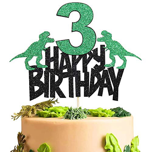 Dinosaur 3rd Birthday Cake Topper Animal Theme Happy 3rd Birthday Party Decorations Boys Girls Kids Third Birthday Cake Decor Acrylic Silver Glitter 
